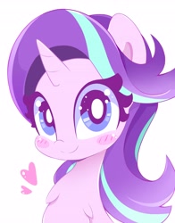 Size: 3218x4096 | Tagged: safe, artist:hungrysohma, starlight glimmer, pony, unicorn, blush sticker, blushing, bust, chest fluff, cute, female, floating heart, fluffy, glimmerbetes, heart, looking at you, mare, neck fluff, simple background, smiling, solo, sweet dreams fuel, white background