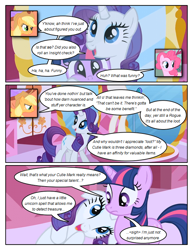 Size: 612x792 | Tagged: safe, artist:newbiespud, edit, edited screencap, screencap, applejack, pinkie pie, rarity, twilight sparkle, unicorn twilight, earth pony, pony, unicorn, comic:friendship is dragons, friendship is magic, season 1, carousel boutique, comic, cowboy hat, female, floppy ears, hat, hooves, horn, mare, mirror, open mouth, reflection, screencap comic