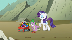 Size: 1054x592 | Tagged: safe, screencap, rarity, spike, dragon, pony, unicorn, a dog and pony show, gem