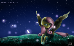 Size: 4000x2500 | Tagged: safe, artist:kitsunehino, fluttershy, butterfly, pegasus, pony, glow, night, solo