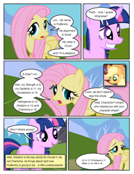 Size: 612x792 | Tagged: safe, artist:newbiespud, edit, edited screencap, screencap, applejack, fluttershy, twilight sparkle, unicorn twilight, earth pony, pegasus, pony, unicorn, comic:friendship is dragons, friendship is magic, awkward smile, comic, cowboy hat, female, grin, hat, horn, mare, open mouth, screencap comic, smiling, wings