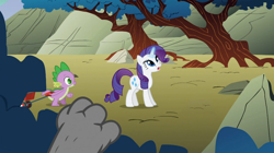 Size: 1054x592 | Tagged: safe, screencap, rarity, spike, dragon, pony, unicorn, a dog and pony show, bush