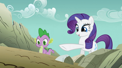 Size: 1054x592 | Tagged: safe, screencap, rarity, spike, dragon, pony, unicorn, a dog and pony show, female, horn, male, mare