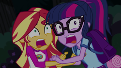 Size: 1280x720 | Tagged: safe, screencap, sci-twi, sunset shimmer, twilight sparkle, equestria girls, legend of everfree