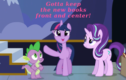 Size: 1129x715 | Tagged: safe, edit, edited screencap, screencap, spike, starlight glimmer, twilight sparkle, twilight sparkle (alicorn), alicorn, dragon, pony, unicorn, to where and back again, book, box, caption, cloud, cropped, cute, looking up, mountain, mural, raised hoof, smiling, smirk, stairs, text, twiabetes, twilight's castle