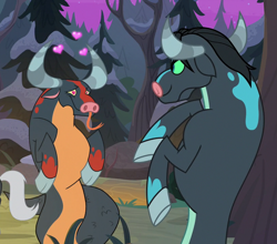 Size: 1341x1181 | Tagged: safe, screencap, lord tirek, queen chrysalis, changeling, changeling queen, ophiotaurus, frenemies (episode), aroused, cropped, disguise, disguised changeling, female, heart, heart eyes, offscreen character, tongue out, wingding eyes