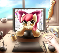 Size: 3130x2807 | Tagged: safe, artist:dyoung, apple bloom, derpy hooves, human, adorabloom, breaking the fourth wall, chinese, computer, cute, fourth wall, hand, hug request, offscreen character, paint tool sai, pixiv, pov, rubber chicken