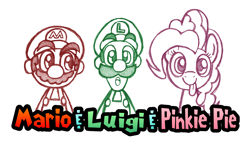 Size: 1166x670 | Tagged: safe, artist:boulderthedragon, pinkie pie, earth pony, pony, crossover, luigi, mario, mario & luigi, super mario bros.