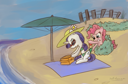 Size: 1920x1259 | Tagged: safe, artist:naterrang, pinkie pie, rarity, crab, earth pony, pony, unicorn, beach, bikini, clothes, glasses, hat, incoming prank, prank, swimsuit, this will end in pain, wedgie