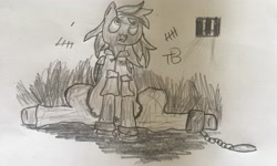 Size: 3261x1952 | Tagged: safe, artist:tinybranch, derpibooru import, rainbow dash, pegasus, pony, chains, clothes, female, pencil drawing, prison, prison outfit, prisoner rd, sad, solo, traditional art