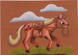 Size: 1794x1275 | Tagged: safe, artist:lady-kl, applejack, earth pony, pony, bridle, reins, saddle, traditional art