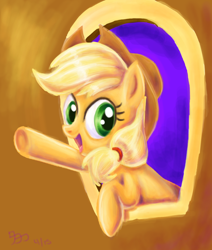 Size: 878x1033 | Tagged: safe, artist:wafflecannon, applejack, earth pony, pony, the last roundup, cowboy hat, hat, open mouth, raised hoof, smiling, solo, stetson, train, waving, window