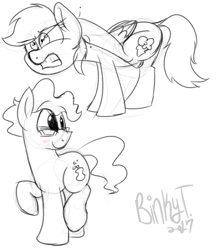 Size: 1312x1522 | Tagged: safe, artist:binkyt11, derpibooru exclusive, derpibooru import, rainbow dash, earth pony, pegasus, pony, 2017, balancing, blushing, female, fleas, glasses, henchmen, itchy, male, mare, monochrome, no clothes, scratching, simple background, sketch, sketch dump, stallion, the conditioner, white background