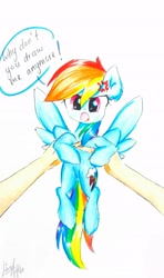 Size: 1882x3185 | Tagged: safe, artist:liaaqila, derpibooru import, rainbow dash, human, pegasus, pony, angry, cross-popping veins, cute, dashabetes, dialogue, female, holding a pony, liaaqila is trying to murder us, looking at you, mare, simple background, traditional art