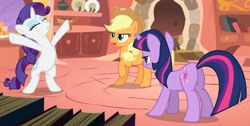 Size: 1280x647 | Tagged: safe, screencap, applejack, rarity, twilight sparkle, earth pony, pony, unicorn, look before you sleep, angry, bipedal, female, lidded eyes, mare, out of context, plot, standing