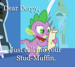 Size: 436x386 | Tagged: safe, edit, edited screencap, screencap, derpy hooves, spike, dragon, friendship is magic, caption, exploitable meme, image macro, letter, male, meme, quill, spike's love letters, text, tongue out