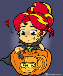 Size: 1280x1536 | Tagged: safe, artist:waitingforshow, sci-twi, sunset shimmer, twilight sparkle, vampire, equestria girls, alternate costumes, alternate hairstyle, blushing, female, halloween, halloween costume, heart, holiday, jack-o-lantern, lesbian, pumpkin, scitwishimmer, shipping, sunsetsparkle