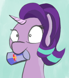 Size: 303x345 | Tagged: safe, starlight glimmer, pony, unicorn, bust, energy drink, mouth hold, portrait, red bull, simple background, solo, teal background