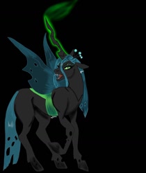 Size: 1080x1287 | Tagged: safe, alternate version, artist:_kingplantae_, queen chrysalis, changeling, changeling queen, black background, colored, female, glowing horn, horn, open mouth, raised hoof, sharp teeth, simple background, solo, teeth