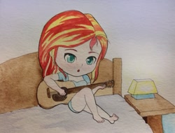 Size: 1019x775 | Tagged: safe, artist:jay156, sunset shimmer, equestria girls, barefoot, bed, bedroom, chibi, clothes, cute, feet, guitar, legs, shorts, solo, sunset shredder, traditional art