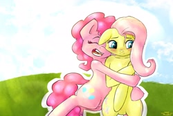 Size: 2900x1950 | Tagged: safe, artist:angelwing314, fluttershy, pinkie pie, earth pony, pegasus, pony, bipedal, blushing, female, floppy ears, flutterpie, hug, lesbian, shipping