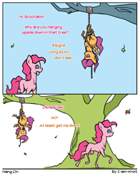 Size: 1050x1338 | Tagged: safe, artist:i-am-knot, pinkie pie, scootaloo, earth pony, pony, comic, rope, suspended, tree, upside down