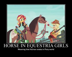 Size: 750x600 | Tagged: safe, applejack, sunset shimmer, horse, equestria girls, friendship through the ages, logic bomb, motivational poster, sleeveless