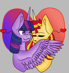 Size: 471x494 | Tagged: safe, artist:illusionestudio, sunset shimmer, twilight sparkle, twilight sparkle (alicorn), alicorn, pony, unicorn, eyes closed, female, heart, hug, imminent kissing, lesbian, mare, shipping, sunsetsparkle