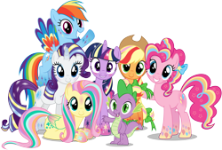 Size: 10000x6750 | Tagged: safe, artist:caliazian, derpibooru import, applejack, fluttershy, pinkie pie, rainbow dash, rarity, spike, twilight sparkle, twilight sparkle (alicorn), alicorn, dragon, earth pony, pegasus, pony, unicorn, twilight's kingdom, .ai available, absurd resolution, cowboy hat, female, group, group photo, group shot, hat, let the rainbow remind you, looking at you, mane seven, mane six, mare, open mouth, rainbow power, simple background, song, stetson, transparent background, vector