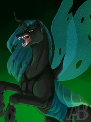 Size: 1080x1440 | Tagged: safe, artist:yumii-chan81, queen chrysalis, changeling, changeling queen, female, open mouth, rearing, redraw, sharp teeth, solo, spread wings, teeth, wings