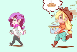 Size: 1280x864 | Tagged: safe, artist:sundown, applejack, rarity, horned humanization, humanized