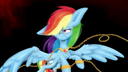 Size: 3309x1861 | Tagged: safe, artist:lixthefork, derpibooru import, rainbow dash, pegasus, pony, angry, chains, cuffs, element of loyalty, solo