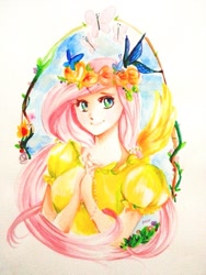 Size: 600x800 | Tagged: safe, artist:miu, fluttershy, butterfly, human, bust, clothes, floral head wreath, flower, humanized, looking at you, simple background, smiling, solo, traditional art, white background, winged humanization