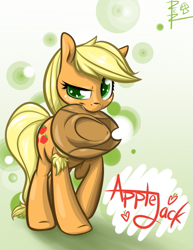 Size: 425x550 | Tagged: safe, artist:rawrcharlierawr, applejack, earth pony, pony, cute, female, jackabetes, mare, mouth hold, signature, smirk, solo