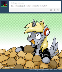 Size: 650x754 | Tagged: safe, artist:johnjoseco, derpy hooves, alicorn, pony, april fools, ask gaming princess luna, comic, derpicorn, happy, headset, muffin, muffin queen, open mouth, race swap, smiling, solo, spread wings, tumblr, wide eyes