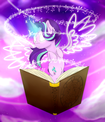 Size: 1024x1188 | Tagged: safe, artist:theartistsora, starlight glimmer, pony, unicorn, artificial wings, augmented, book, glowing eyes, glowing horn, magic, magic wings, solo, wings