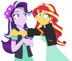 Size: 741x622 | Tagged: safe, artist:fantasygerard2000, starlight glimmer, sunset shimmer, equestria girls, mirror magic, spoiler:eqg specials, beanie, clothes, female, hat, jacket, shirt, simple background, vest, white background