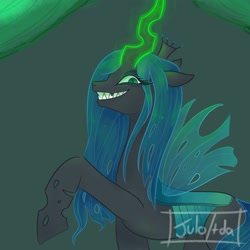 Size: 2000x2000 | Tagged: safe, artist:julotda, queen chrysalis, changeling, changeling queen, evil grin, female, glowing horn, grin, horn, profile, raised hoof, sharp teeth, signature, smiling, solo, teeth