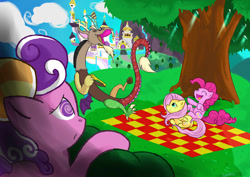 Size: 1024x724 | Tagged: safe, artist:thenicezombie, discord, fluttershy, pinkie pie, screwball, earth pony, pegasus, pony, canterlot, jealous, laughing, picnic, sad