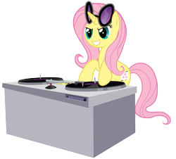 Size: 4134x3733 | Tagged: safe, artist:synch-anon, artist:twiforce, dj pon-3, fluttershy, vinyl scratch, pony, unicorn, glasses, race swap, recolor, simple background, smiling, solo, transparent background, turntable, vector