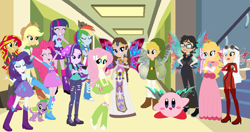 Size: 1690x892 | Tagged: safe, artist:ameyal, artist:ra1nb0wk1tty, artist:selenaede, artist:user15432, derpibooru import, applejack, fluttershy, pinkie pie, rainbow dash, rarity, spike, starlight glimmer, sunset shimmer, twilight sparkle, twilight sparkle (alicorn), alicorn, dog, human, equestria girls, barely eqg related, barely pony related, base used, bayonetta, bayonetta (character), bayonetta 2, bodysuit, canterlot high, clothes, crossover, crown, dress, ear piercing, earring, eqg promo pose set, equestria girls style, equestria girls-ified, fairies, fairies are magic, fairy, fairy wings, glasses, goggles, hallway, humane five, humane seven, humane six, hylian, jeanne, jewelry, kirby, kirby (character), link, mane six, nintendo, piercing, platinum games, princess peach, princess twipeach, princess zelda, raripeach, regalia, sega, spike the dog, super mario bros., super smash bros., team little angels, the legend of zelda, the legend of zelda: the wind waker, the legend of zelda: twilight princess, toon link, umbra witch, wings, wondercolts