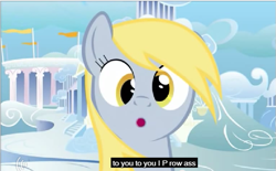 Size: 575x356 | Tagged: safe, screencap, derpy hooves, pegasus, pony, faic, female, mare, meme, solo, vulgar, wat, youtube caption