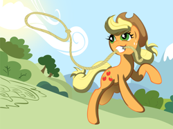 Size: 5399x4034 | Tagged: safe, artist:kp-shadowsquirrel, applejack, earth pony, pony, absurd resolution, lasso, mouth hold, running, solo