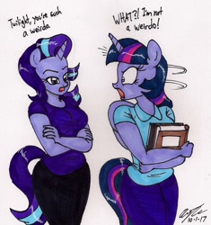 Size: 1228x1306 | Tagged: safe, artist:newyorkx3, starlight glimmer, twilight sparkle, twilight sparkle (alicorn), alicorn, anthro, angry, book, crossed arms, dialogue, duo, female, traditional art, weirdo