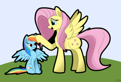 Size: 3496x2362 | Tagged: safe, artist:taurson, derpibooru import, fluttershy, rainbow dash, pegasus, pony, female, mare, size difference, smiling, tallershy, unamused