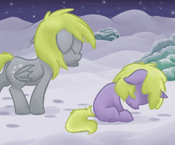 Size: 600x500 | Tagged: safe, artist:a6p, derpy hooves, dinky hooves, pegasus, pony, ask dinky doo, crying, female, mare, snow, stars