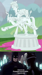 Size: 500x878 | Tagged: safe, edit, edited screencap, screencap, cozy glow, lord tirek, queen chrysalis, changeling, changeling queen, pegasus, pony, the ending of the end, batman, catwoman, legion of doom statue, petrification