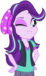 Size: 357x582 | Tagged: safe, artist:thebar, starlight glimmer, equestria girls, mirror magic, spoiler:eqg specials, beanie, clothes, cute, female, glimmerbetes, hand on hip, hat, one eye closed, simple background, smiling, solo, transparent background, vector, vest, wink