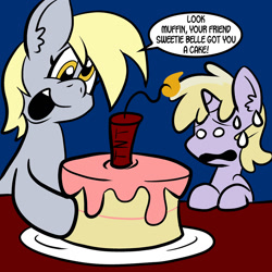 Size: 1280x1280 | Tagged: safe, artist:pembroke, derpy hooves, dinky hooves, pegasus, pony, ask dinky doo, birthday cake, cake, dynamite, female, mare, sweat