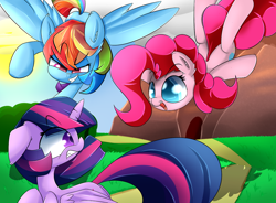 Size: 1280x943 | Tagged: safe, artist:madacon, derpibooru import, pinkie pie, rainbow dash, twilight sparkle, twilight sparkle (alicorn), alicorn, earth pony, pegasus, pony, female, glomp, mare